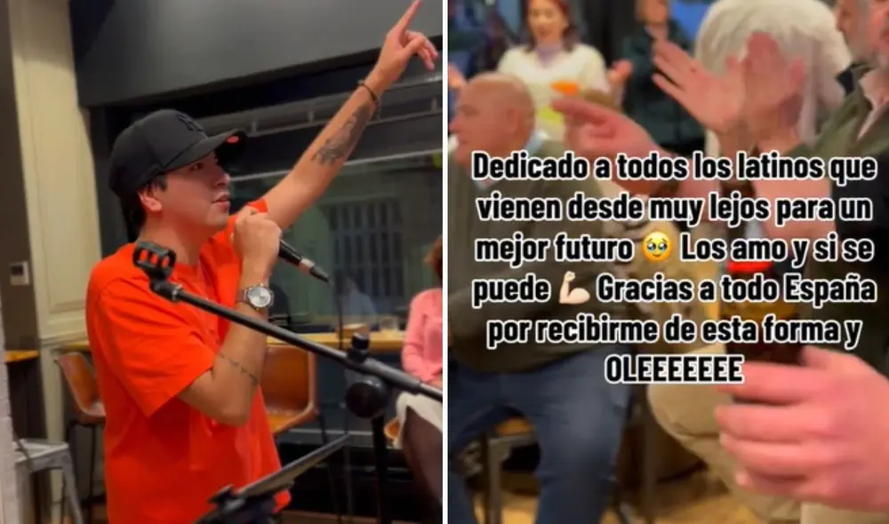 El joven cantó delante de un grupo de personas españolas. Foto: composición LR/TikTok/@adrianmathias_ El joven cantó delante de un grupo de personas españolas. Foto: composición LR/TikTok/@adrianmathias_