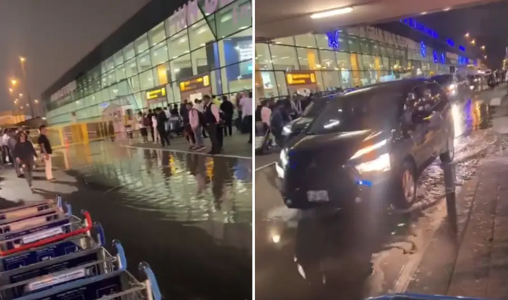 Gran cantidad de agua se empoza en una de la puertas del Jorge Chávez. Foto: composición La República / Bárbara Mamani