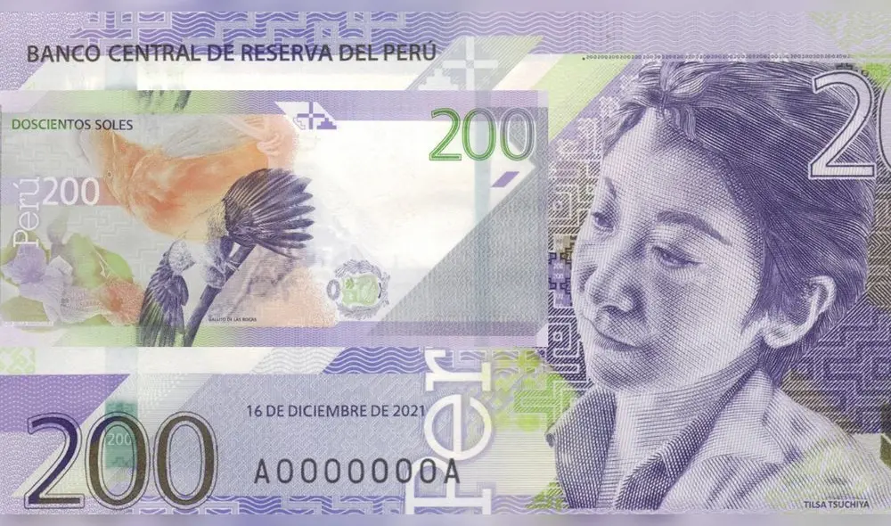 BCRP. Nuevo billete de S/200 de Tilsa Tsuchiya Castillo. El color predominante del billete es lavanda. Foto: difusión
