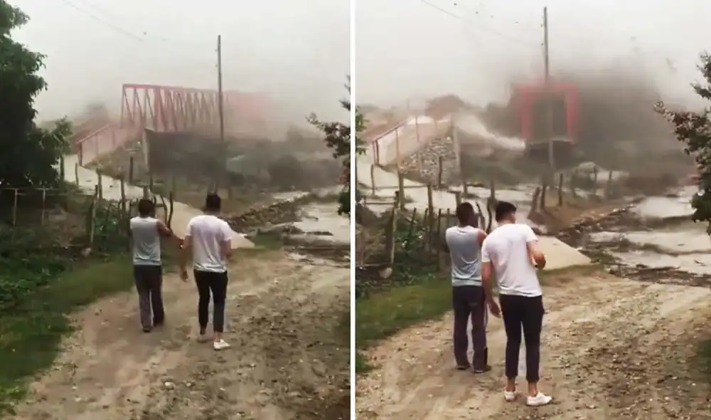 En solo cuestión de segundos un puente peatonal fue arrasado por el río Ambato, en Catamarca. Foto y video: composición LR/@CatamarcaGob/Twitter