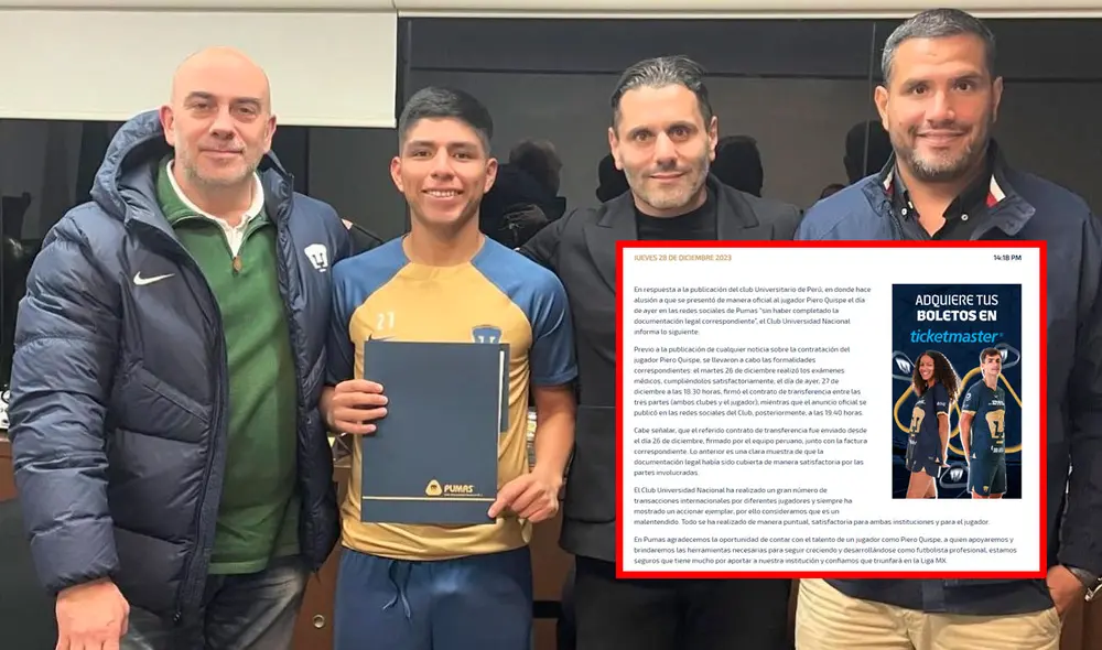 Piero Quispe fue anunciado como nuevo jugador del cuadro azteca el jueves 27 de diciembre. Foto: Pumas UNAM