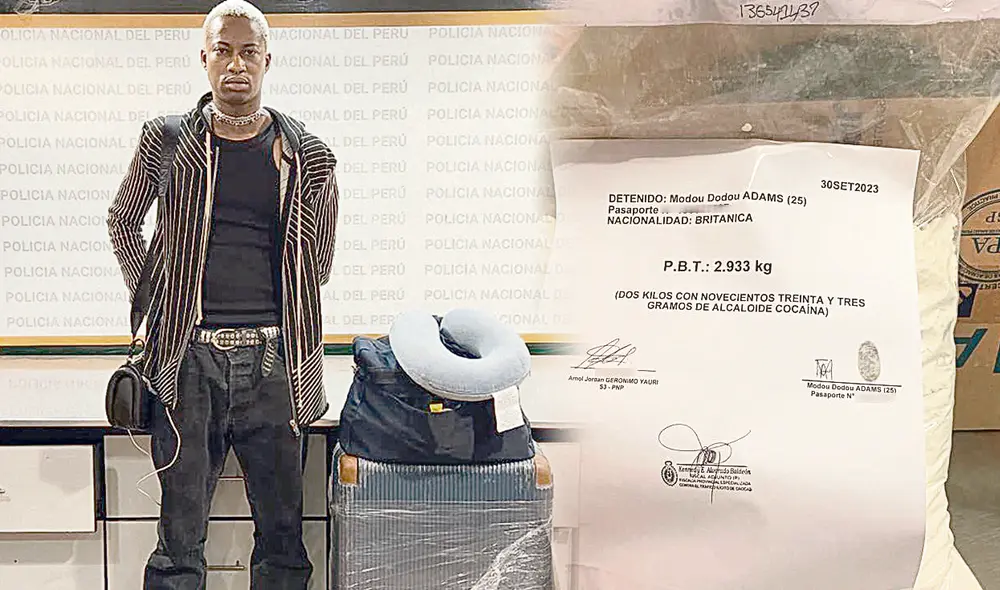 Narcotiktoker’. Modou Dodou Adams fue detenido con casi tres kilos de droga en su maleta. Foto: composiciónLR
