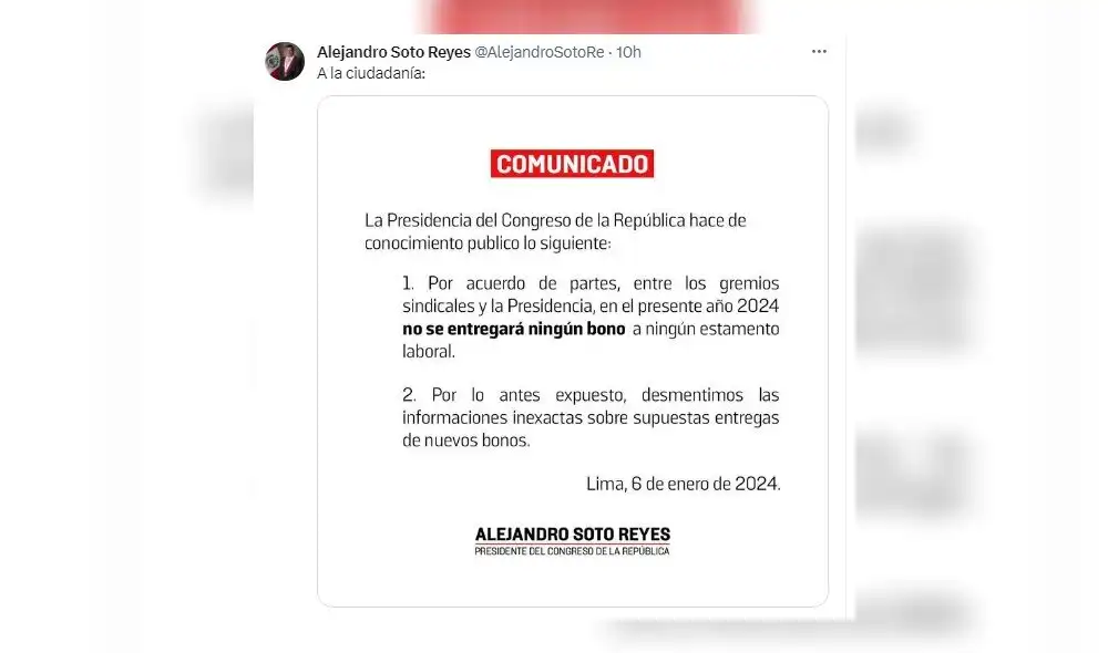 Soto comunicó en redes sociales que no habrá más bonos