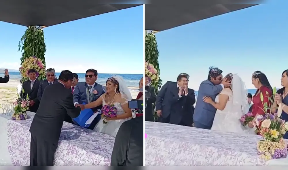 Los recién casados, que se mostraban muy felices, sellaron su amor con un beso. Foto: captura de video/Diario Sin Fronteras - Video: Diario Sin Fronteras Los recién casados, que se mostraban muy felices, sellaron su amor con un beso. Foto: captura de video/Diario Sin Fronteras - Video: Diario Sin Fronteras