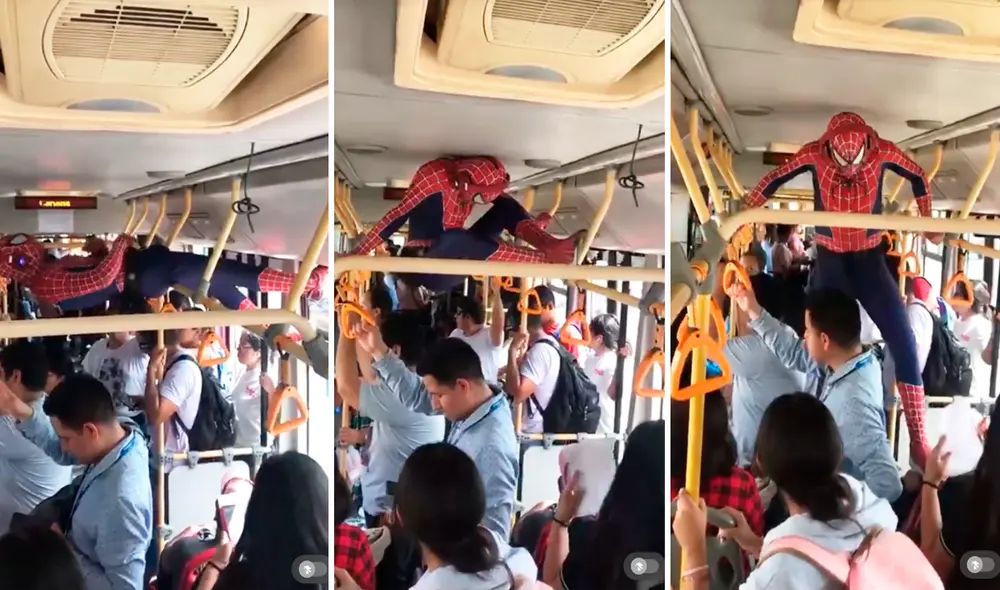 Al ver el bus lleno, el hombre disfrazado de Spiderman no dudó en colgarse del techo. Foto: composición LR/TikTok/@spidermanbusetero97 Al ver el bus lleno, el hombre disfrazado de Spiderman no dudó en colgarse del techo. Foto: composición LR/TikTok/@spidermanbusetero97