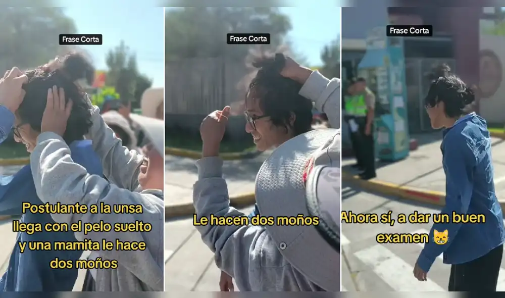 El muchacho y su nuevo peinado pudo ingresar a rendir su evaluación. Foto: composición LR/@frasecorta - Video: @frasecorta