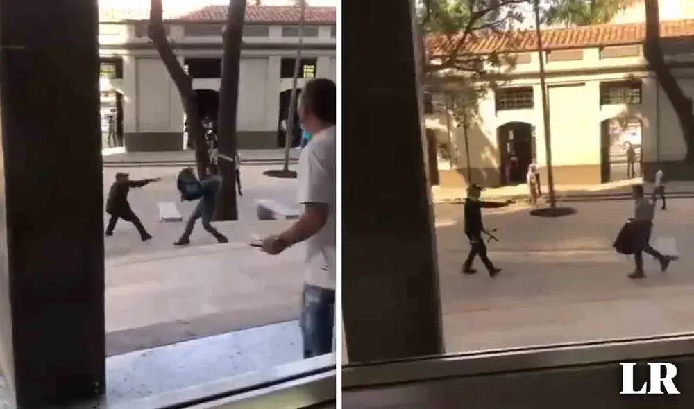 Varios asistentes al Palacio de Justicia de Medellín, en Colombia, presenciaron atónitos la pelea con machete Foto: composición LR/RCN/Twitter Varios asistentes al Palacio de Justicia de Medellín, en Colombia, presenciaron atónitos la pelea con machete Foto: composición LR/RCN/Twitter