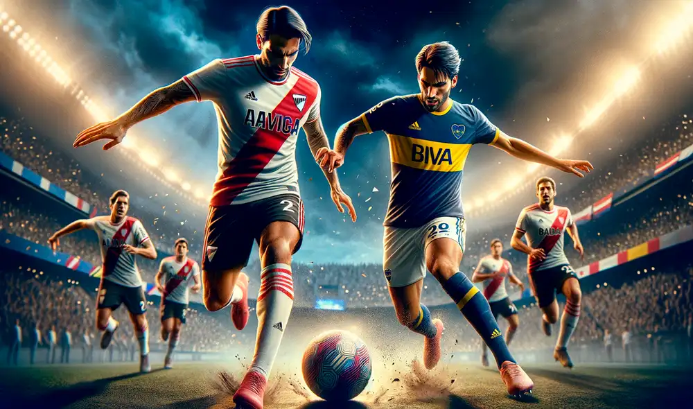 Clásico de emociones: River Plate y Boca Juniors cara a cara en un duelo que captura la esencia del fútbol argentino. Foto: composición IA Clásico de emociones: River Plate y Boca Juniors cara a cara en un duelo que captura la esencia del fútbol argentino. Foto: composición IA