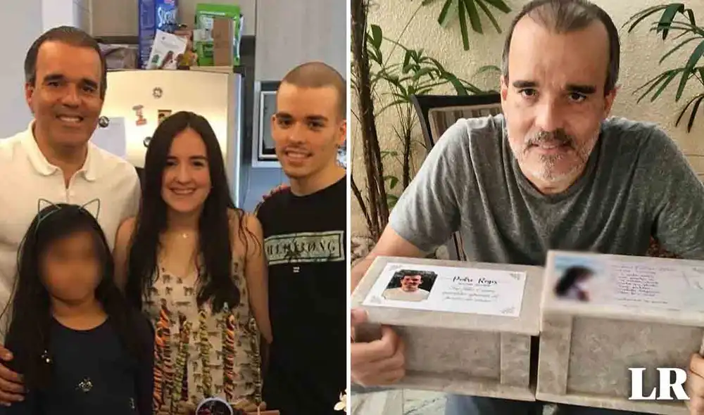 Régis Feitosa junto con la urna de dos de sus tres hijos que murieron por un tumor cerebral. Foto: composición LR/@regisfeitosamota/Instagram