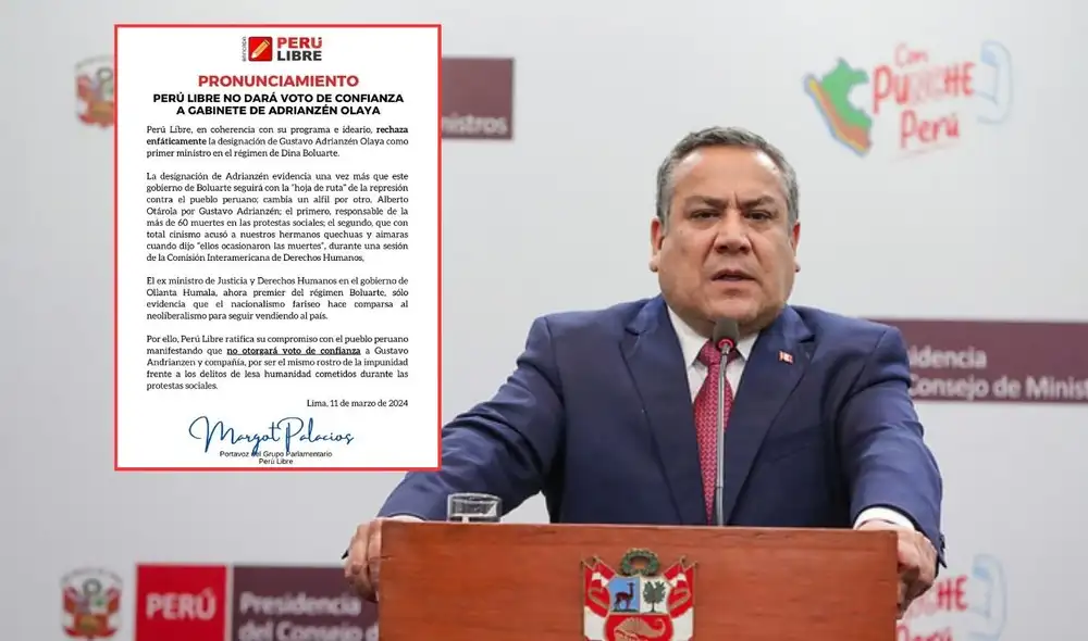 Bancada de Perú Libre no otorgará el voto de confianza al nuevo presidente del Consejo de Ministros, Gustavo Adrianzén. Foto: Composición LR/PCM Bancada de Perú Libre no otorgará el voto de confianza al nuevo presidente del Consejo de Ministros, Gustavo Adrianzén. Foto: Composición LR/PCM