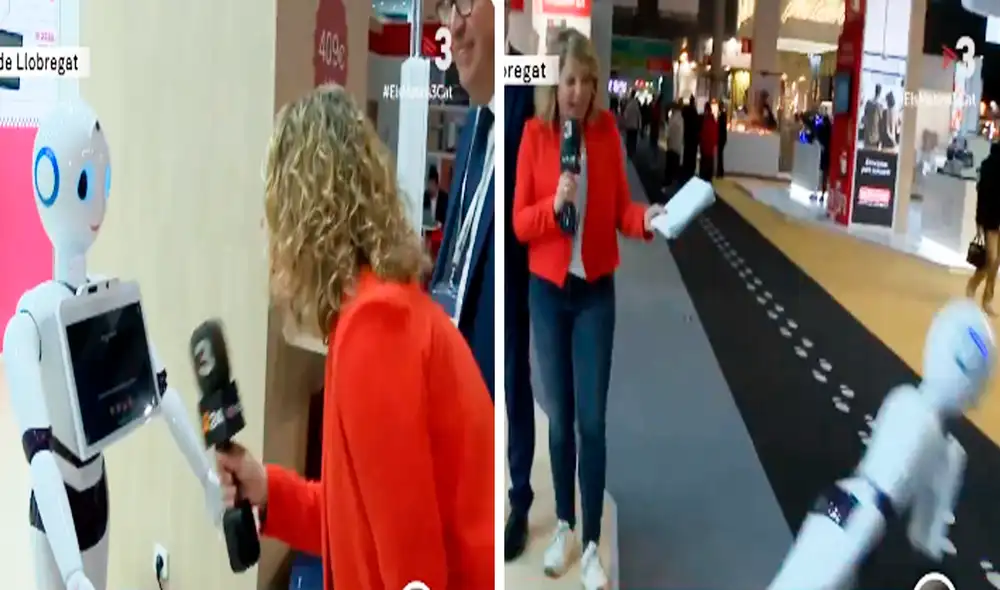 El robot no pudo bajar el escalón y se desplomó durante una entrevista en vivo. Foto: composición LR/Twitter/@elojoquetodolv