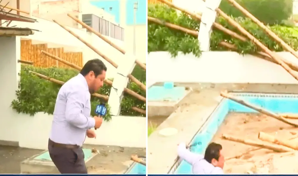 Reportero de Canal N no imaginó que terminaría dentro de la piscina durante un enlace en vivo en casa de Susana Villarán. Foto: composición LR/ Canal N