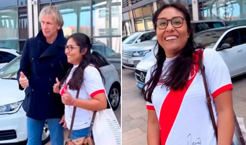 La fanática se mostró muy feliz tras conseguir la firma de Ricardo Gareca en su camiseta de la selección peruana. Foto: composición de LR/captura La Arenga del Abuelo