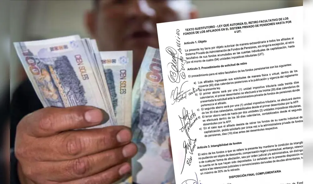 Aprueban nuevo retiro AFP 2024. Los afiliados ingresarán sus solicitudes de manera física o virtual dentro de los 90 días calendarios posteriores a la publicación de la ley. Foto: difusión/Composición