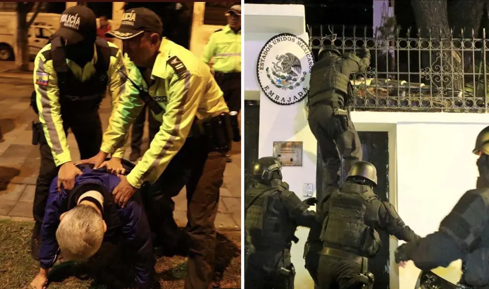 Tensiones diplomáticas. Estas son las imágenes que dejó el ingreso de la policía ecuatoriana a la Embajada de México. Foto: composición LR/@veronicaariasf/Twitter