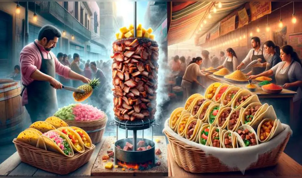 Un taquero cortando tacos al pastor y otros trabajadores preparando tacos de canasta, lo que destaca la comida callejera como un elemento fundamental de la cultura y la vida cotidiana de México. Foto: Dalle 3 Un taquero cortando tacos al pastor y otros trabajadores preparando tacos de canasta, lo que destaca la comida callejera como un elemento fundamental de la cultura y la vida cotidiana de México. Foto: Dalle 3