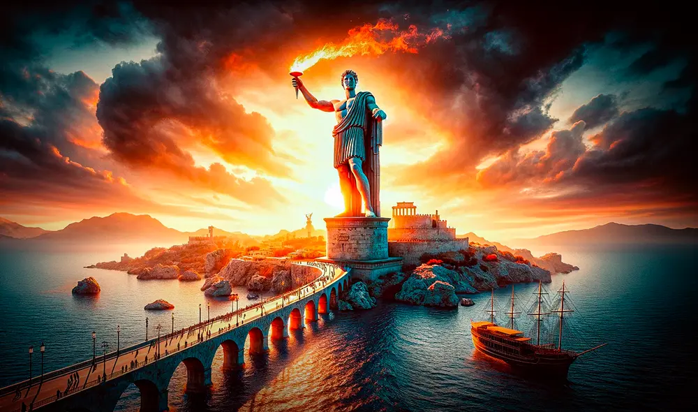 El Coloso de Rodas fue una de las estatuas más altas del mundo antiguo. Su construcción fue motivada por una victoria de los rodios contra Demetrio Poliorcetes. Foto: composición LR/IA