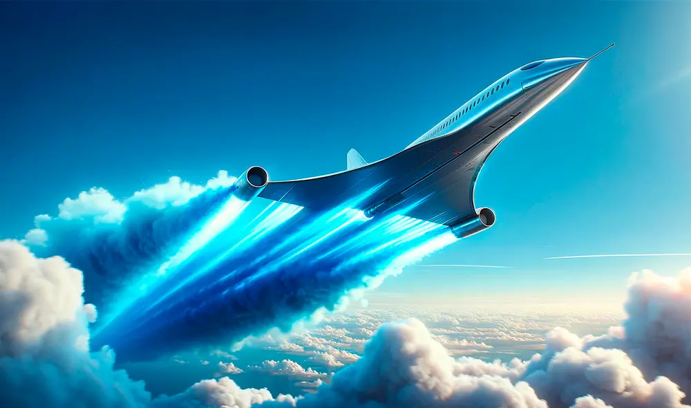 El avión hipersónico volaría en tiempo récord desde ciudades lejanas, como de Madrid a Nueva York o Nueva Jersey a París. Foto: IA