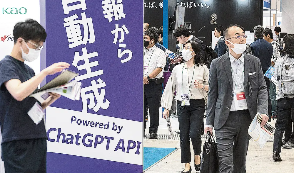 Expansión. Promoción en Tokio de ChatGPT, la aplicación popular que ha provocado el auge de la inteligencia artificial. Foto: AFP