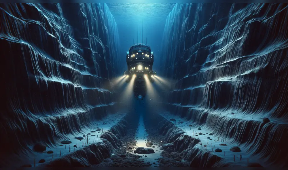 El abismo Challenger tiene una profundidad de más de 10.000 metros bajo el nivel del mar. Foto: IA El abismo Challenger tiene una profundidad de más de 10.000 metros bajo el nivel del mar. Foto: IA