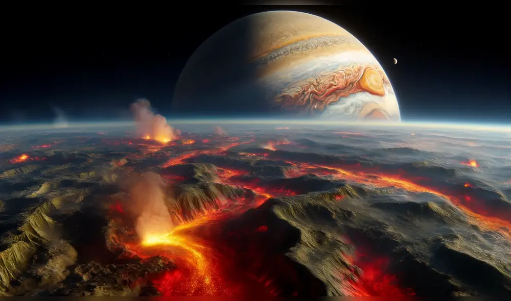 Una de las lunas de Júpiter tiene volcanes con más de 450.000 millones de años. Imagen: IA Una de las lunas de Júpiter tiene volcanes con más de 450.000 millones de años. Imagen: IA