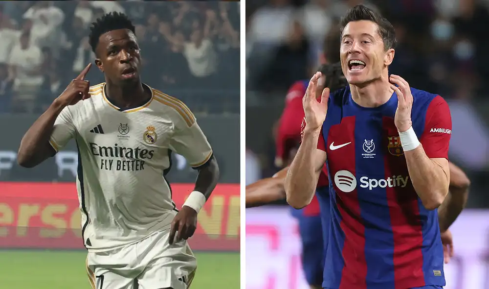 Vinícus Jr. y Robert Lewandowski son dos de los jugadores estrella del Real Madrid y Barcelona. Foto: composición de LR/AFP