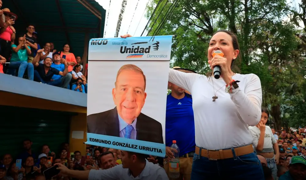 María Corina Machado expresó su apoyo al candidato Edmundo González Urrutia en Venezuela. Foto: Comando ConVzla/X María Corina Machado expresó su apoyo al candidato Edmundo González Urrutia en Venezuela. Foto: Comando ConVzla/X