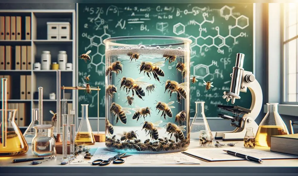 El propósito original del estudio no tenía que ver con la capacidad de supervivencia en el agua de las abejas, sino observar el impacto de los residuos de pesticidas en el suelo en las abejas reinas que hibernan bajo tierra. Foto: DALLE