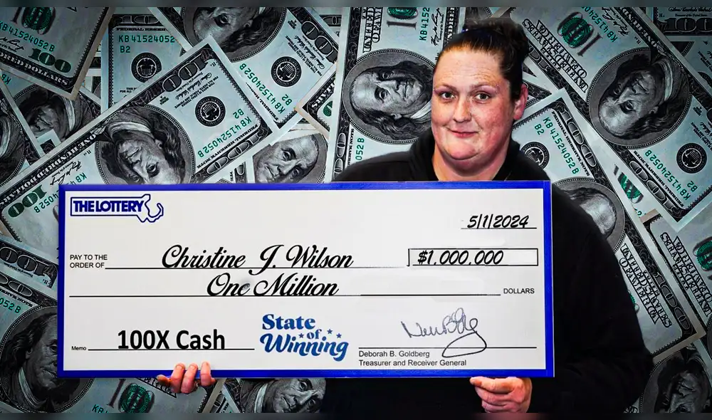 Christine Wilson recientemente cobró el millón de dólares que gano en la lotería 100X Cash. Foto: Composición LR/Pngtree/Massachusetts State Lottery
