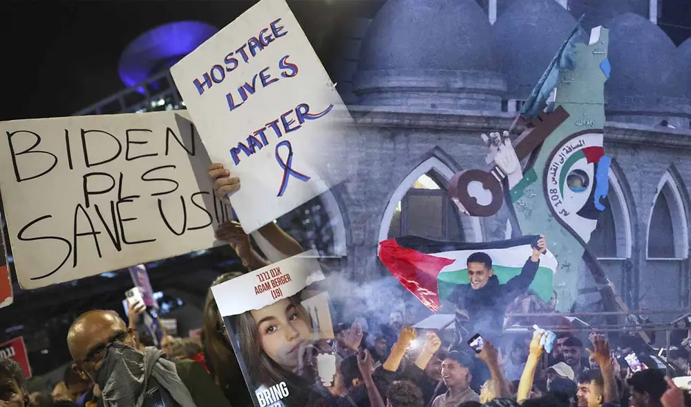 Protestas en Israel y celebraciones en Gaza. La aceptación de Hamas a un alto al fuego aun debe ser respaldad por el gobierno de Benjamín Netanyahu. Foto: composición LR/AFP