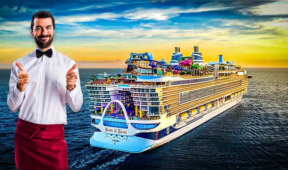 El sueldo de un mesero dentro de un crucero varía entre US$1.000 y US$2.500 al mes. Foto: Composición LR | Royal Caribbean | Freepik El sueldo de un mesero dentro de un crucero varía entre US$1.000 y US$2.500 al mes. Foto: Composición LR | Royal Caribbean | Freepik