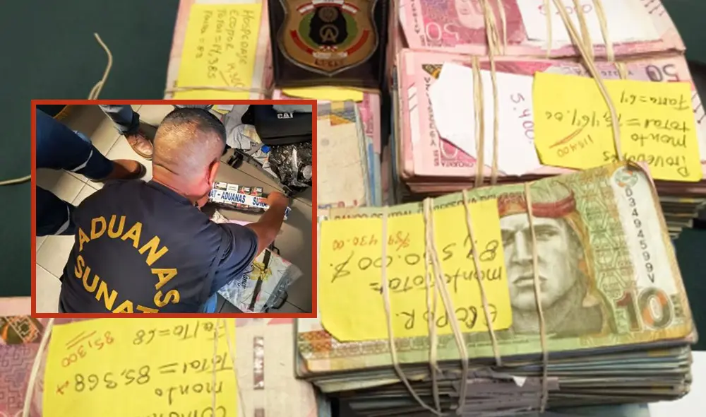 Cantidad de dinero se encontró en el equipaje de pasajero intervenido en Iquitos. Foto: composición LR/Andina