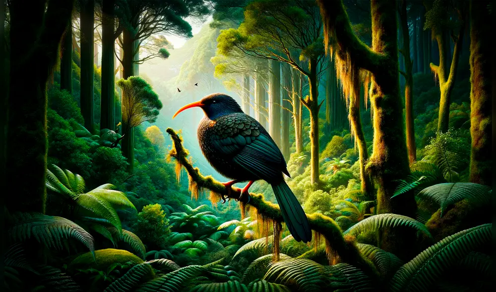 Las plumas de esta ave eran utilizadas para rituales en la cultura maorí. Imagen: IA