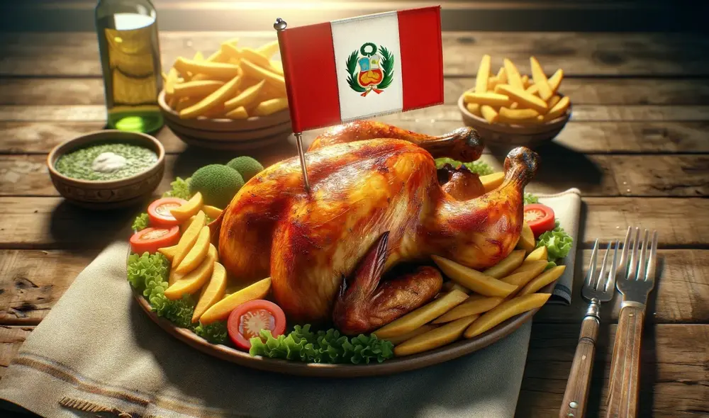 El pollo a la brasa es considerado como el plato bandera del Perú. Foto: IA El pollo a la brasa es considerado como el plato bandera del Perú. Foto: IA