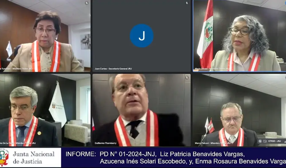 Pleno de la Junta Nacional de Justicia: Marco Falconí Picardo, Guillermo Thornberry Villarán, Imelda Tumialán Pinto, María Zavala Valladares y Antonio de la Haza Barrantes