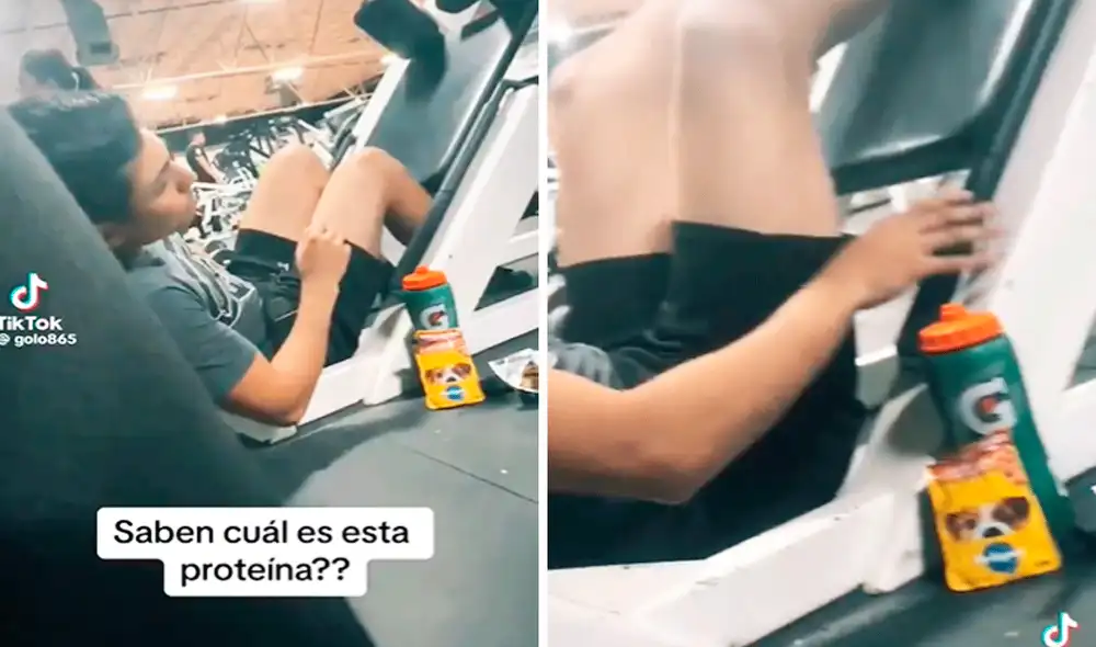 Un joven realizaba ejercicios para las piernas y en cuestión de segundos tomó el sobre con salsa para alimento de perros y se lo comió. Foto: composición LR/TikTok/@tendenciasenargentina Un joven realizaba ejercicios para las piernas y en cuestión de segundos tomó el sobre con salsa para alimento de perros y se lo comió. Foto: composición LR/TikTok/@tendenciasenargentina