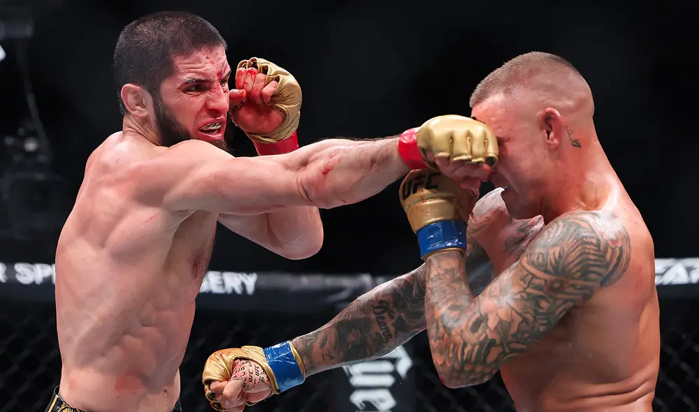 Esta primera pelea entre Islam Makhachev y Dustin Porier llegó hasta el quinto round. Foto: AFP