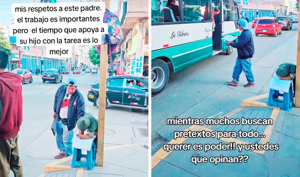 El hombre con una tabla de madera anotaba los tiempos en que transitaba cada bus y vigilaba la tarea de su hijo. Foto: composición LR/TikTok/@raulcrispin16