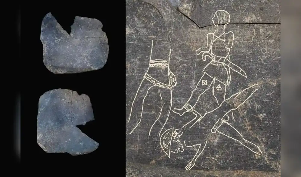 El equipo de arqueólogos hallaron una placa de pizarra de unos 20 centímetros y grabada en ambas caras en el yacimiento tartésico de Casas del Turuñuelo. Foto: composición LR / E. Rodríguez / M. Luque / CSIC /