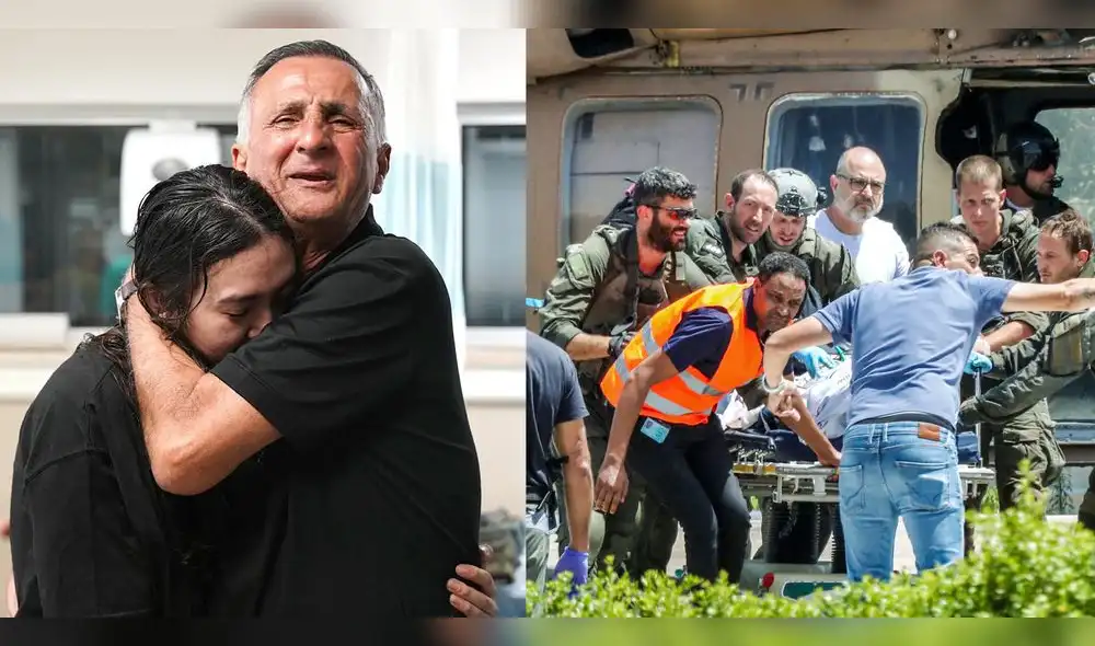 En la foto, Noa Argamani abrazada por un familiar y el momento del rescate. Foto: composición LR / Handout / Israeli Army / AFP / Gideon Markowicz / AFP