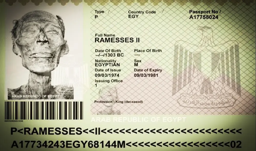 Por varios años ha circulado la foto de un supuesto pasaporte del faraón Ramsés II. Sin embargo, su origen surgió como una ilustración sobre la historia de su viaje de restauración a Francia. Foto: ilustración Heritage Daily Por varios años ha circulado la foto de un supuesto pasaporte del faraón Ramsés II. Sin embargo, su origen surgió como una ilustración sobre la historia de su viaje de restauración a Francia. Foto: ilustración Heritage Daily