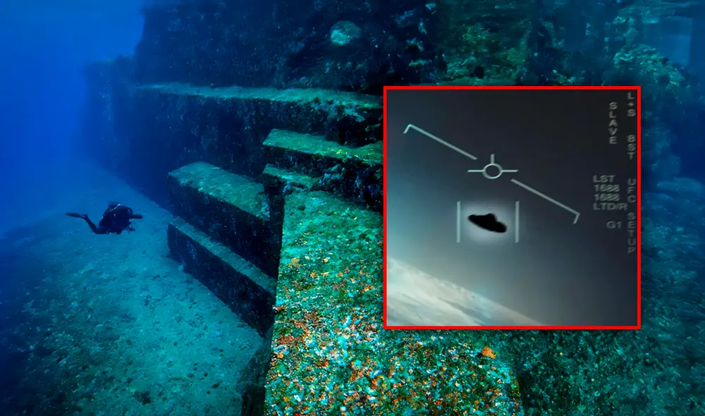 A la izquierda, la 'Atlántida japonesa'; a la derecha, el ovni GIMBAL grabado por la Marina de EE. UU. Foto: composiciónLR/Gerson Cardozo/Pentágono/Alamy