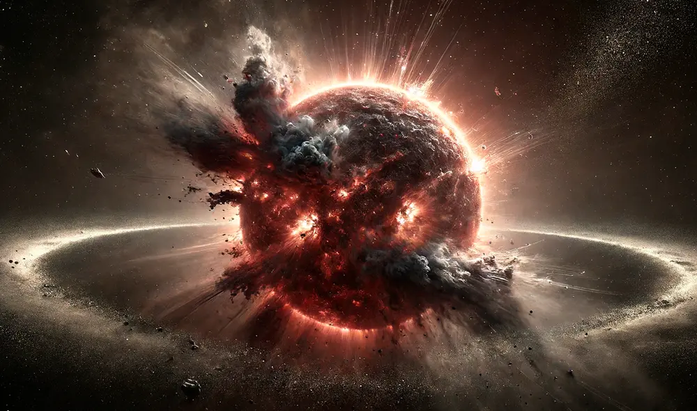 Cuando una estrella como el Sol agota su hidrógeno, su núcleo colapsa y la envoltura exterior se expande, enfriándose y volviéndose roja. Foto: IA/LR Cuando una estrella como el Sol agota su hidrógeno, su núcleo colapsa y la envoltura exterior se expande, enfriándose y volviéndose roja. Foto: IA/LR