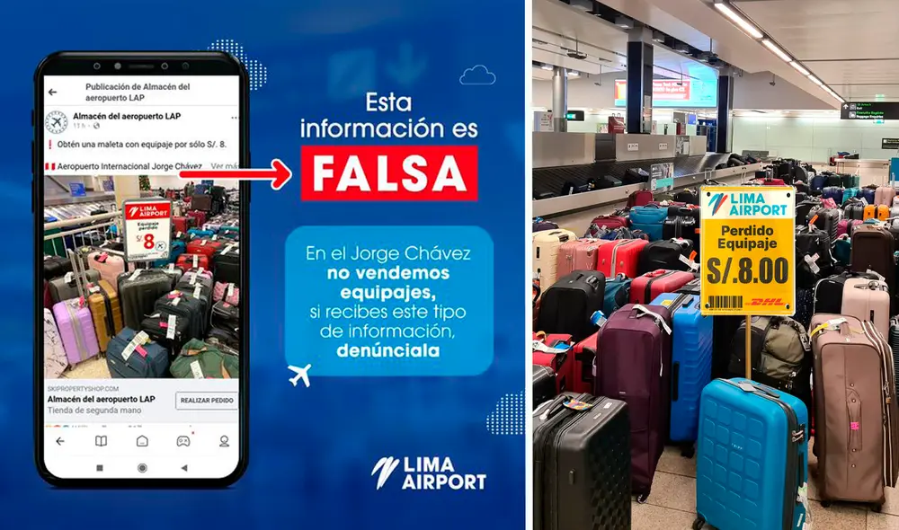 La venta de maletas a S/8 en el aeropuerto Jorge Chávez es falso. Foto: composición LR/Facebook La venta de maletas a S/8 en el aeropuerto Jorge Chávez es falso. Foto: composición LR/Facebook