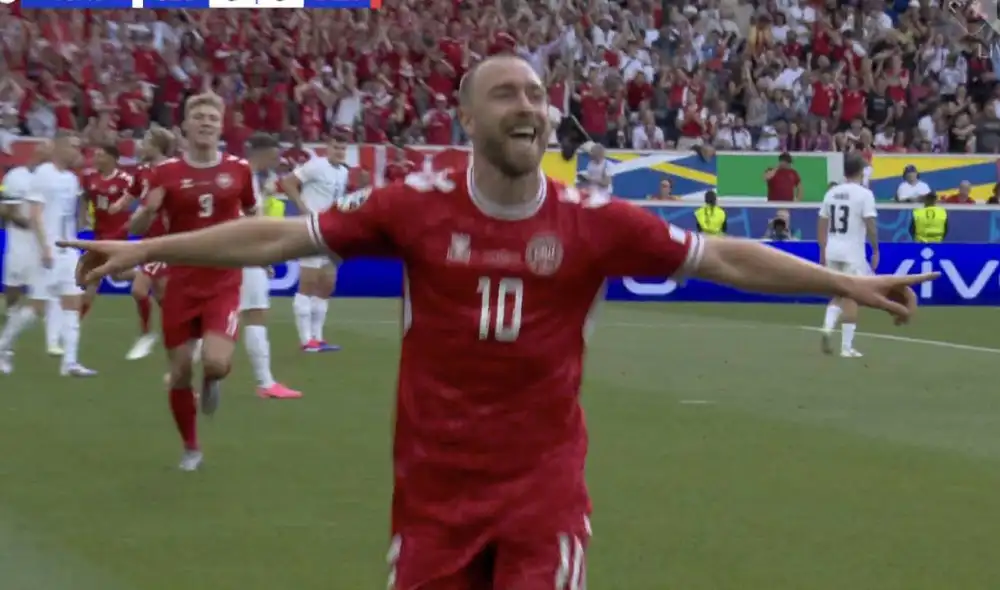 Christian Eriksen convirtió el primer gol de Dinamarca en la Eurocopa 2024. Foto: captura/ESPN