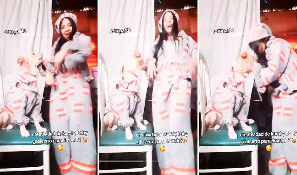 La joven pensó hasta en su mascota para protegerse del frío. Foto: composición LR/TikTok/@karolyboby24 La joven pensó hasta en su mascota para protegerse del frío. Foto: composición LR/TikTok/@karolyboby24