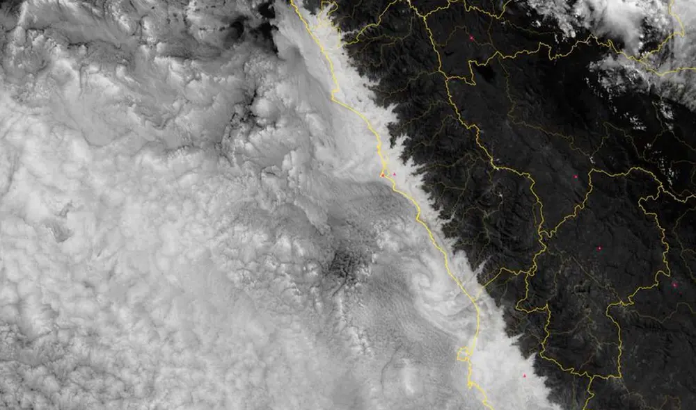 Ese movimiento de remolino arrastra las nubes y las pega hacia los cerros con posibilidad de lloviznas. Foto: Senamhi