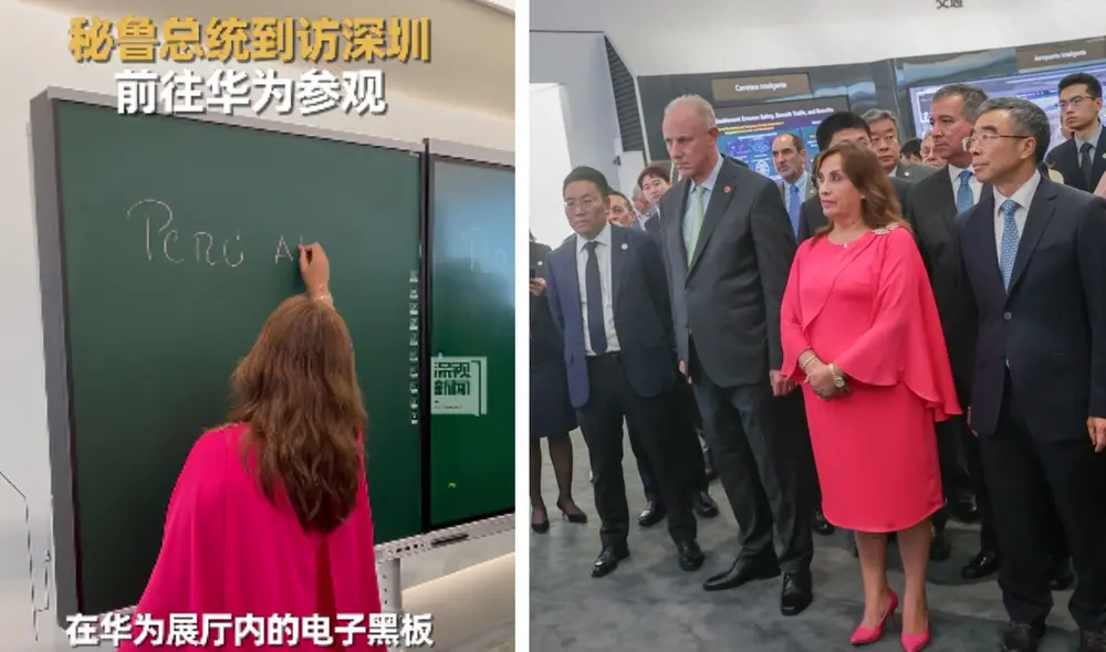 El mensaje que Dina Boluarte escribió en las pantallas inteligentes de Huawei no pasó inadvertida por la prensa local. Foto: composición LR/Composición LR/Andina/captura de WeChat/Televisión de Shenzhen