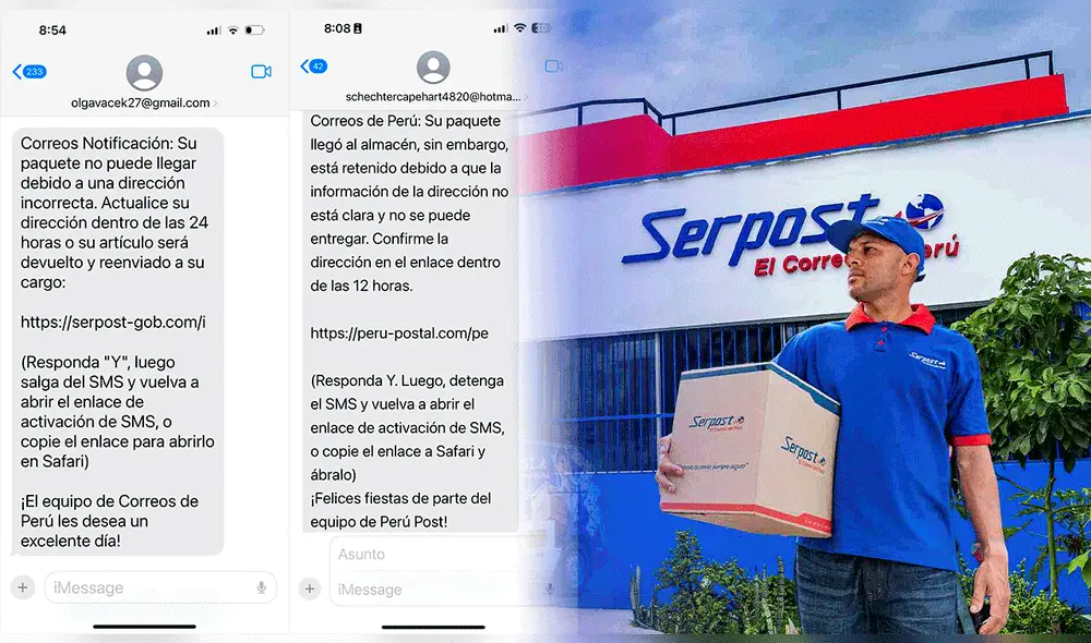 Serpost llama a la alerta a los usuarios que les llegue este tipo de mensajes de SMS. Foto: composición LR/Serpost. Serpost llama a la alerta a los usuarios que les llegue este tipo de mensajes de SMS. Foto: composición LR/Serpost.