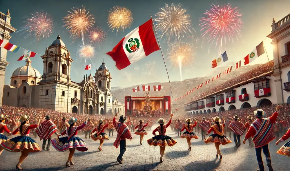 Las Fiestas Patrias en Perú incluyen desfiles y ceremonias que resaltan la riqueza cultural y la historia del país, celebradas cada 28 y 29 de julio. Foto: Dall - E